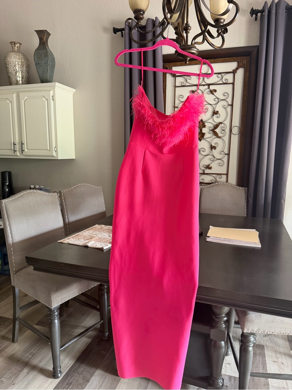 Feather-Trim Slip Midi Dress in Hot Pink